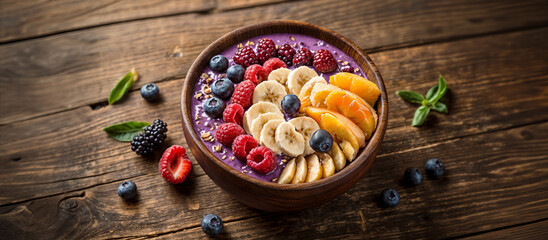 Healthy tasty breakfast acai bowl with fresh fruits and oatmeal, on wooden table in rustic kitchen....