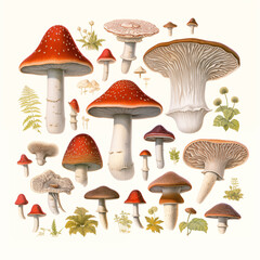 Different types of mushrooms, botanical illustration on white background. Created with Generative AI.