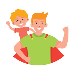 Isolated cute happy super hero father character with his son Vector