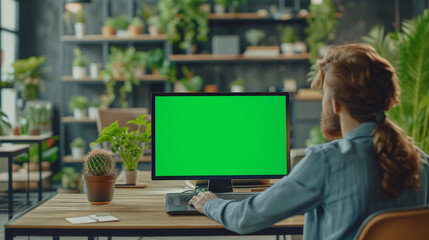 Fototapeta na wymiar A man looking at a monitor with green screen