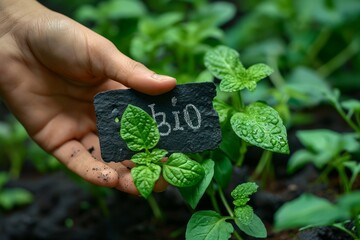 hand lifts a leaf of a young plant. Label "Bio" in the foreground, Concept: organic farming	