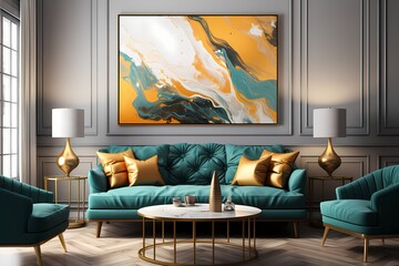 Liquid emerald and golden sunset hues merging, composing an awe-inspiring abstract canvasr