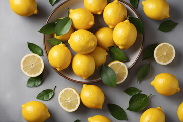 lemons and limes. Overhead view of lemons on table. , perfect composition, beautiful detailed , 8k photography, photorealistic , soft natural perfect light