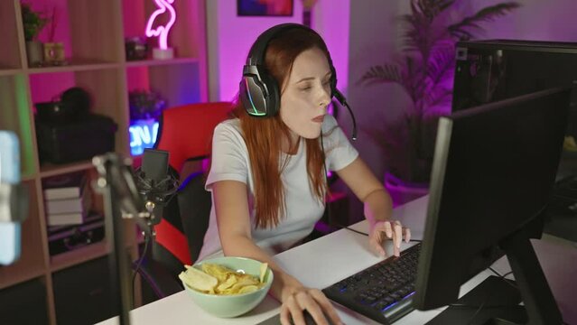 Young redhead woman gaming in a dark room with neon lights and eating snacks