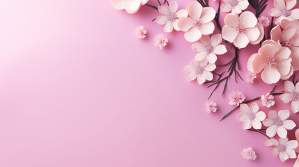 Fototapeta premium Spring flowers on pink background with copy space