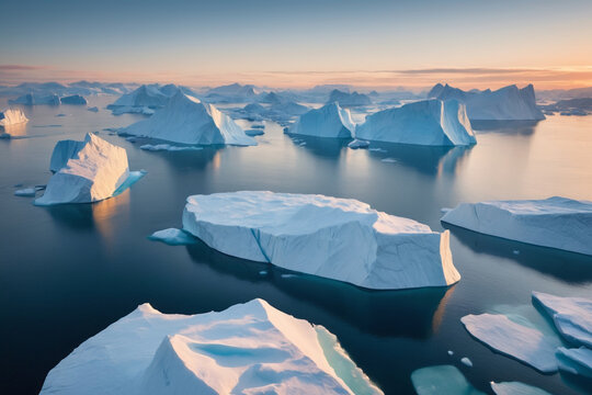 iceberg in polar regions. Icebergs in Greenland in the soft sunset light from above, perfect composition, beautiful detailed , 8k photography, photorealistic , soft
