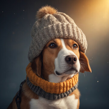 dog in hat. dog wearing warm knitted hat. Perfect composition, beautiful detailed , 8k , soft natural perfect light , cartoon style picture, Warner Brothers