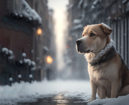 dog in the snow, Lonely dog freezing on the street while snowing. Perfect composition, beautiful detailed , 8k photography, photorealistic , soft natural perfect light