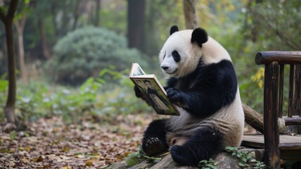 Obraz premium Panda is sitting in the courtyard and holding a book. Cheerful learning