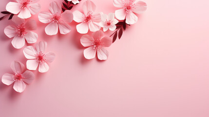 Fototapeta na wymiar Spring flowers on pink background with copy space