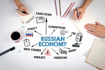 RUSSIAN ECONOMY Concept. The meeting at the white office table - obrazy, fototapety, plakaty
