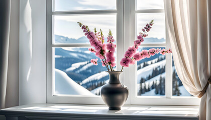 A beautiful vase adorns a tall white window and stands on a white wooden table against the backdrop of a snowy landscape,