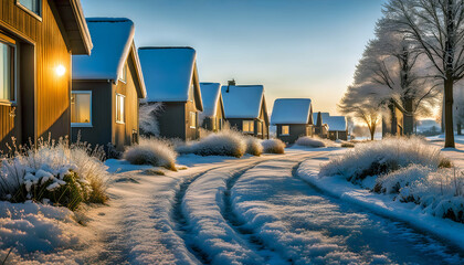 Winter morning street with hi-tech style houses, the ground is covered with snow and frost, peaceful morning, concept of living in a modern house - obrazy, fototapety, plakaty