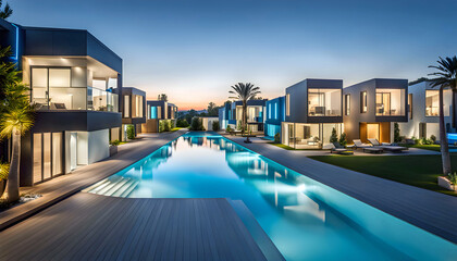 Evening street with high-tech houses with swimming pools and scenic lighting, concept of living in a high-tech house - obrazy, fototapety, plakaty