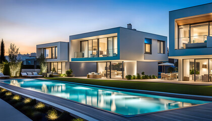 Evening street with high-tech houses with swimming pools and scenic lighting, concept of living in...
