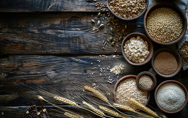 Cereals and grains artfully arranged on a natural wooden surface