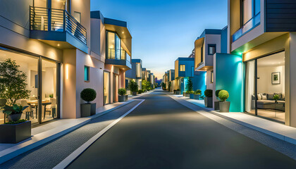 Evening street with high-tech houses with swimming pools and scenic lighting, concept of living in a high-tech house - obrazy, fototapety, plakaty