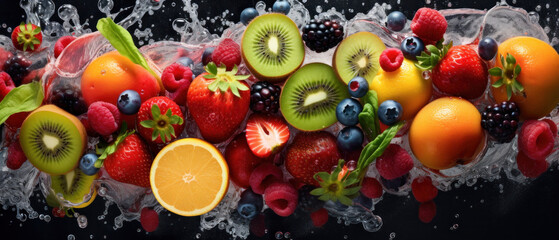 Fresh tropical fruits in a splash of water 