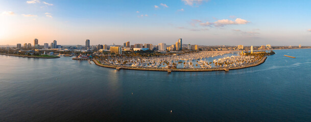 Aerial panoramic view of the Long Beach coastline, harbour, skyline and Marina in Long Beach with...