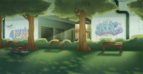 Digital environment for children with trees, street, and graffiti 05