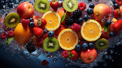 Fresh tropical fruits in a splash of water 