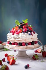 Elegant rustic Pavlova cake with whipped cream, adorned with an assortment of fresh berries, presented on a vintage cake stand amidst a classic table setting..