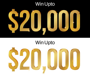  Twenty Thousand Prize money typography design in golden color with shining stars, png transparent backdrop