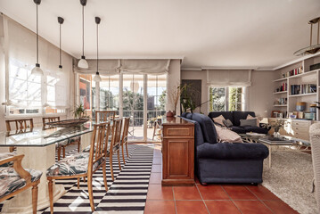 Living room of a single-family home with vintage stoneware floors, a thick white fur rug