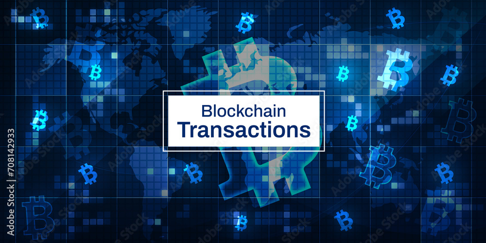 Poster blockchain transactions background with crypto and glowing technology backdrop. transactions button 