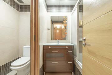 Fototapeta na wymiar Bathroom of a house with dark wooden furniture