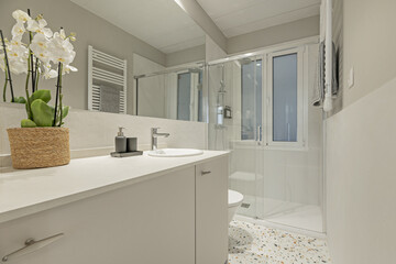 bathroom with mirror integrated into the wall, white porcelain toilets, shower cabin with sliding glass doors