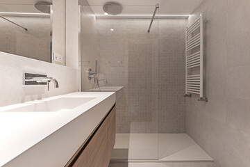 Bathroom with floating white oak wood furniture with marble structure on the sink, mirror...