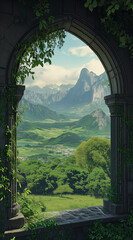 a archway through the forest, behind a mountain