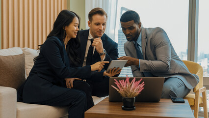 Ornamented office overlooking city skyline, diversity corporate professional discuss ambitious...
