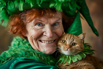 Generative AI image of a joyful elderly lady in green festive attire, embracing a ginger cat also adorned in St. Patrick's Day costume