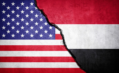 US and Yemen conflict. Country flags on broken wall. illustration.