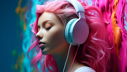 Fototapeta premium Young woman enjoying music with stylish headphones generated by AI
