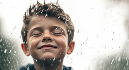 Ein Junge hat Spaß und steht im Regen, die Tropfen Wasser durchnässen ihn und er genießt die feuchte Abkühlung lächelnd wie eine Dusche - obrazy, fototapety, plakaty