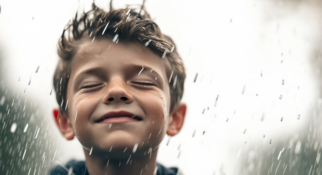 Ein Junge hat Spaß und steht im Regen, die Tropfen Wasser durchnässen ihn und er genießt die feuchte Abkühlung lächelnd wie eine Dusche