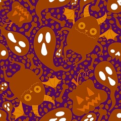 Cartoon Halloween monsters seamless bats and pumpkins and ghost and bones pattern for wrapping paper
