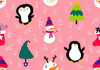 Christmas cartoon doodle seamless Santa and penguin and snowman pattern for wrapping paper and fabrics
