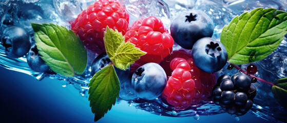 Fresh forest berries in a splash of water. Smoothie mix of forest fruits. Conceptual background. 