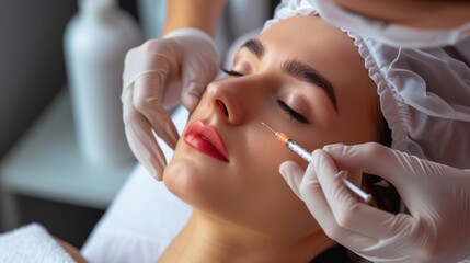 Qualified aesthetician in a clinical setting, performing an injection on a female client