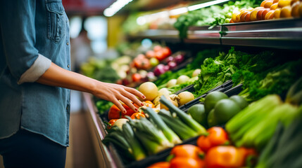 Gros plan sur la main d'une femme choisissant des légumes dans un supermarché.  - obrazy, fototapety, plakaty