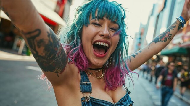 Joyful tattooed woman with colorful hair enjoying city life. Generative AI image