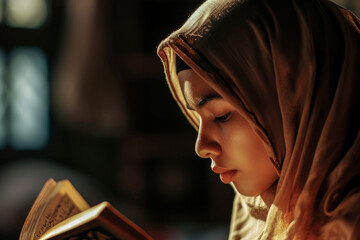Generative AI illustration of Young Muslim woman in a hijab absorbed in reading the Quran with soft light on her face