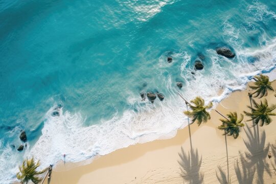 Sea waves with white foam. Yellow sandy beach with blue waves. Palm trees View from a height. Photo of beach from a drone. Summer sunny atmosphere.