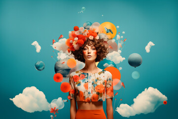 Surreal woman with floral headpiece among clouds Generative AI image