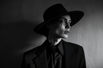Androgynous figure in monochrome with hat and suit. Generative AI image