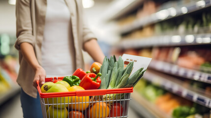 Une personne tenant un panier de courses rempli de légumes frais dans une allée d'un supermarché.